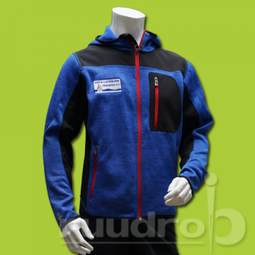 Een vest van softshell gecombineerd met gebreide stof voorzien van geborduurd logo van franken installatieburo