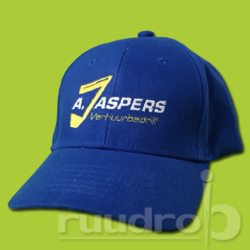 Royal blue kingcap met geborduurd logo van verhuurbedrijf jaspers