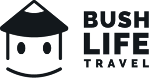 Logo met zwart huisje met tekst van bush life travel