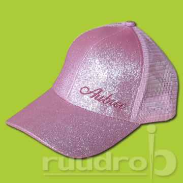 Roze glitterpet met een geborduurde naam Aubree.